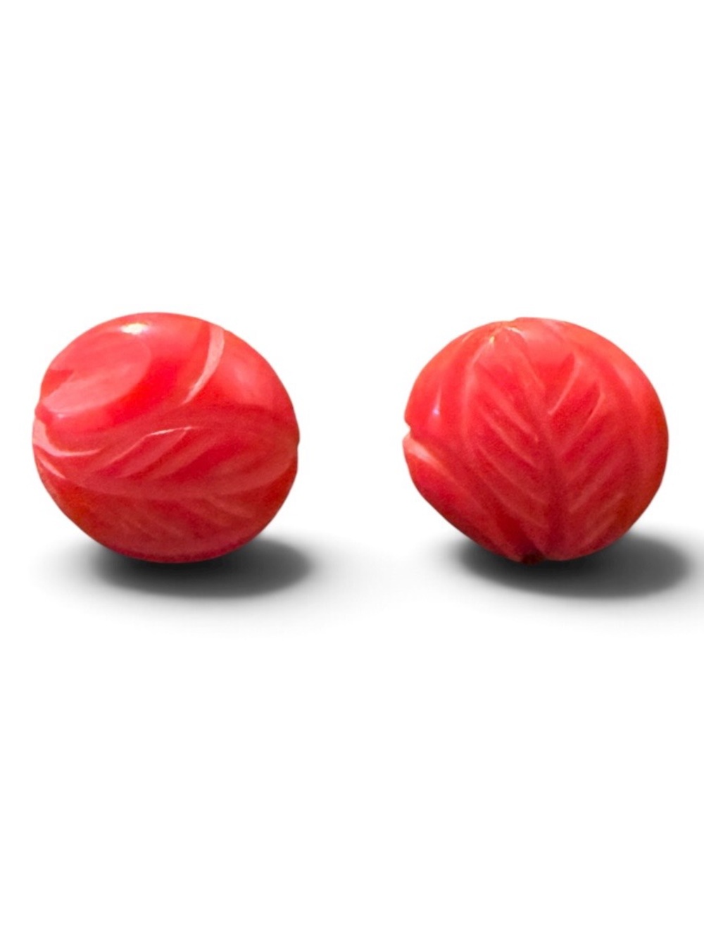 Mid Century Carved Round Screwback Earrings in Cherry Red, .65” Long